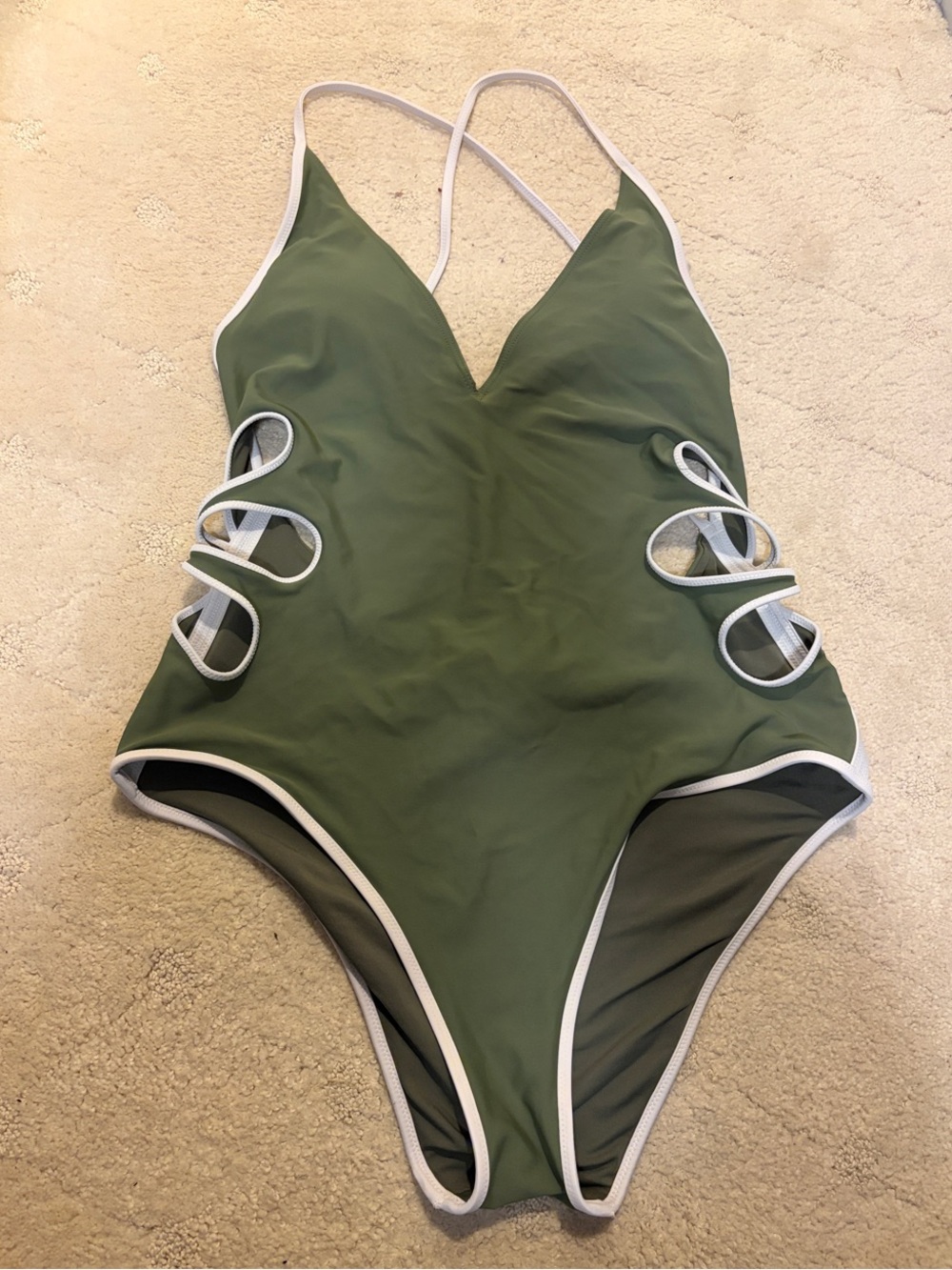 Aerie Olive Green One-Piece Swimsuit with White Trim & Flower Cutout Size Large